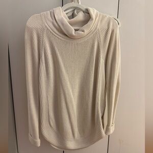 VINCE Loose Turtleneck Sweater, white, curved hem, zipper sides